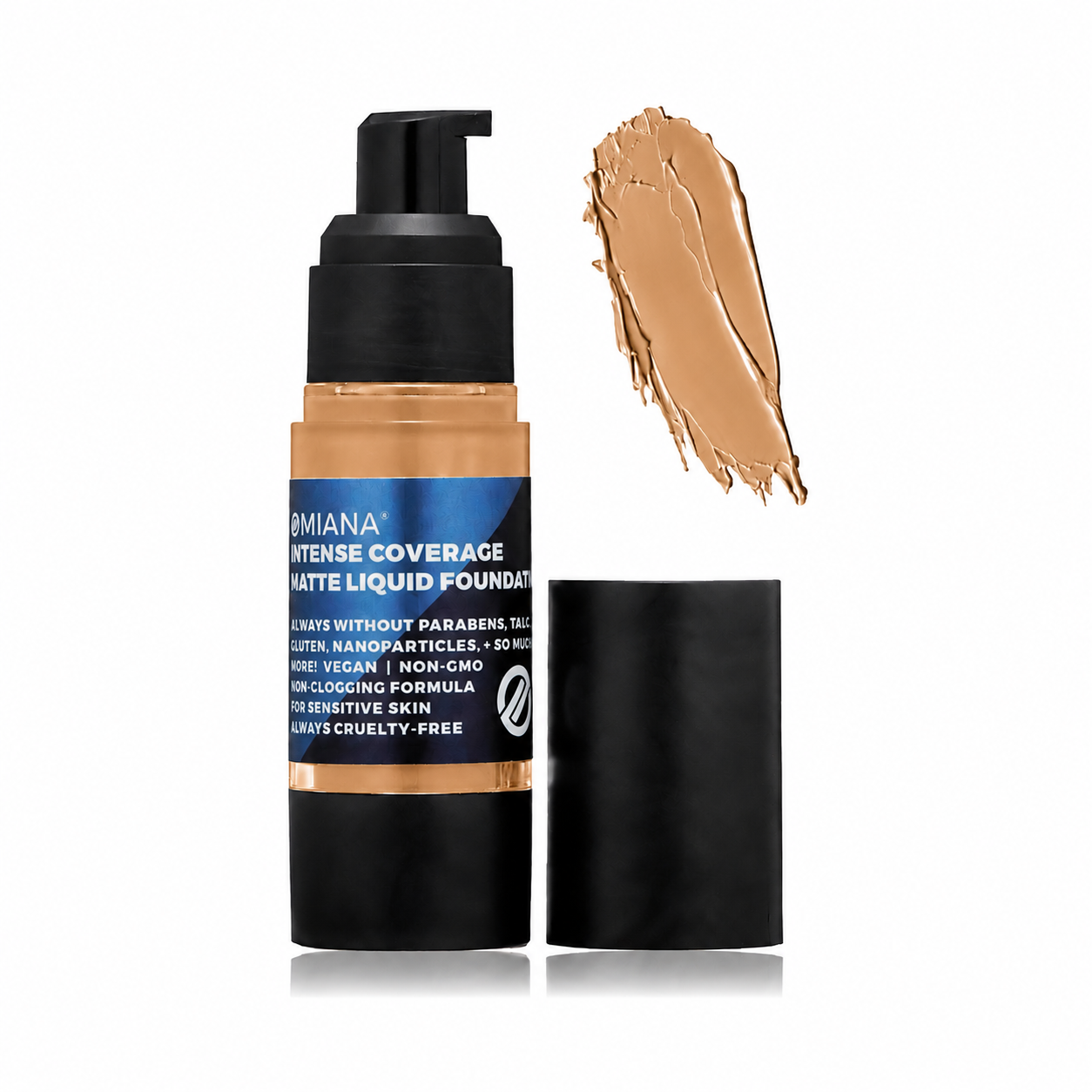 Omiana Intense Coverage Liquid Foundation in Almond, a medium-light warm golden shade.